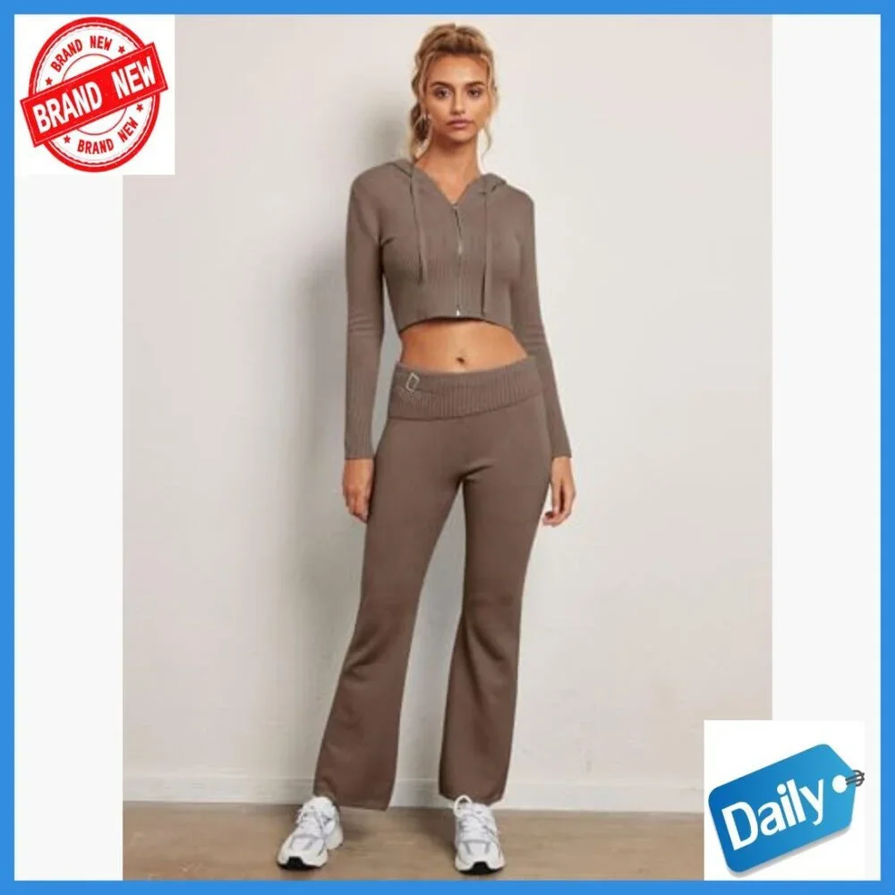 Slim Fit Zip Hoodie Flare Leg Pants Set Medium Ribbed Knit Sweatsuit